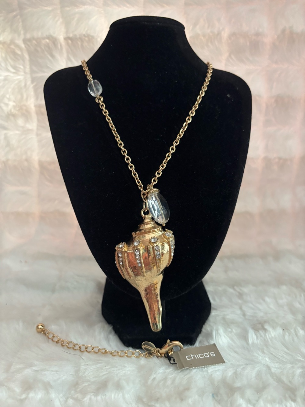 Chico's Gold-Tone Shell Pendant Necklace with Clear Beads